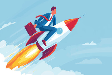 Naklejka premium A businessman with briefcase riding a rocket ship soaring through the sky with clouds and contrails