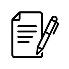 Document and Pen Icon Outline: Simple black outline icon of a document and pen symbolizing writing, office work, or signing documents.