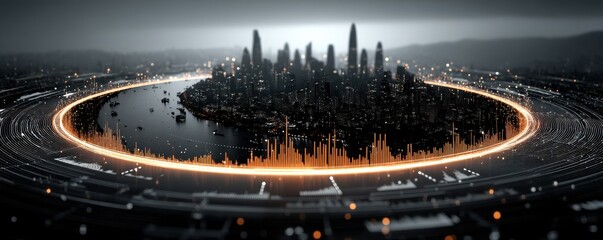 A futuristic cityscape encircled by glowing data visualization hologram