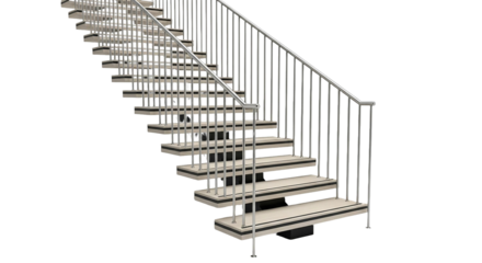 Modern staircase with metal railing isolated on transparent background