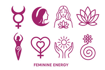 Magenta symbols of feminine energy, including a lotus, goddess, heart with venus symbol, and hands open to a radiant sun.