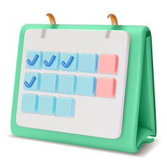 3D cartoon style calendar icon with pastel blue and pink squares and blue checkmarks on a white background signifying planning and scheduling tasks effectively