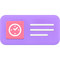 3D Illustration Of A Purple Rectangular Card With A Pink Square Badge Featuring A White Clock Icon And Three White Horizontal Lines On A Transparent Background