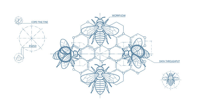Blueprint illustration of a bee colony functioning as a data processing network, symbolizing efficiency, teamwork, and technological innovation in a hive mind concept.