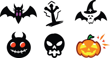 Spooky Halloween Icons: Bat, Skull, Pumpkin, Devil, and Tree