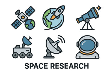 Obraz premium Colorful icons depicting space exploration elements including a satellite orbiting earth, a rocket launching from the planet, a telescope, rovers, and an astronaut helmet.