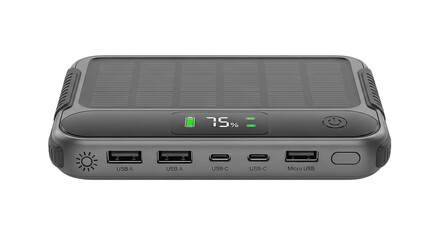 Portable solar power bank with digital display isolated on transparent background