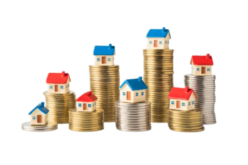 House model on stack of coins isolated on transparent background, real estate