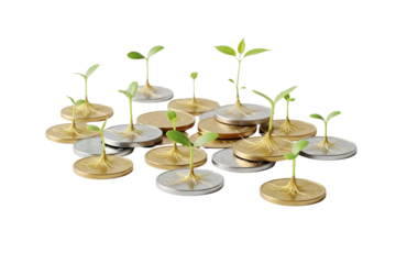 Stacks of coins with plants isolated on transparent background, financial growth