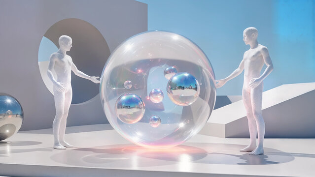 A photograph capturing a mysterious, minimalist landscape where abstract geometric shapes merge with pulsating, iridescent orbs. Silhouettes of humanoid figures with crystalline skin interact with the