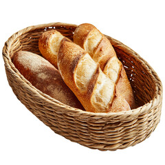 Png of a rustic basket filled with various types of freshly baked bread isolated on transparent background, ready to eat