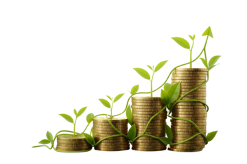 Stacks of coins with plants isolated on transparent background, financial growth