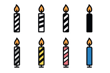 Eight colorful birthday candles with striped and solid patterns, arranged in two rows, each lit with a small flame.