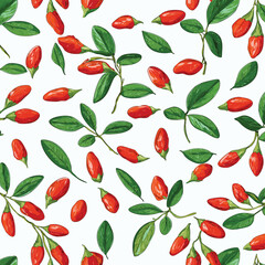 Illustration of goji berries with green leaves scattered on a white background in a seamless pattern