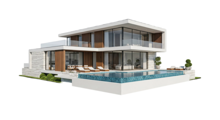 Luxury villa with pool isolated on transparent background and modern architecture