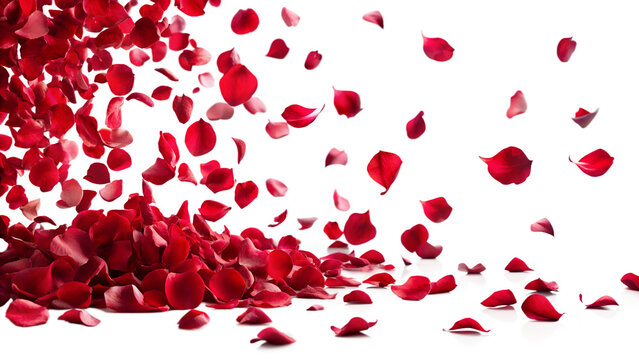 A cascade of red rose petals falling and scattering isolated on transparent background