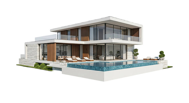 Luxury villa with pool isolated on transparent background and modern architecture