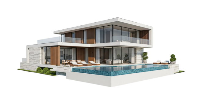 Luxury villa with pool isolated on transparent background and modern architecture