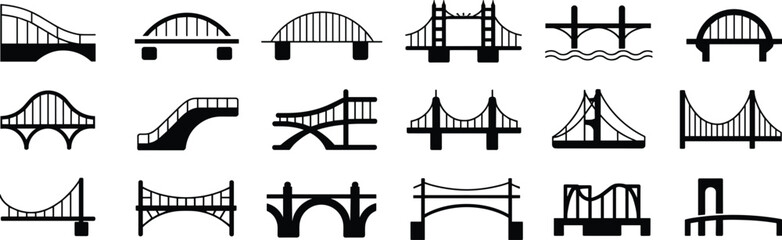 Bridge icons set, black and white bridge silhouettes, suspension, arch, beam, cable-stayed, truss, engineering, architecture, infrastructure, design, civil engineering, construction, urban planning,