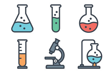 Obraz premium Set of six colorful laboratory equipment icons including flasks, test tubes, and a microscope, illustrating scientific and chemistry themes.