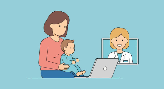 Mother and baby consult doctor online via laptop, connecting through telehealth for convenient pediatric care and peace of mind at home with virtual visit