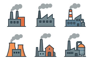 Obraz premium Set of six colored factory icons with various industrial building designs, each emitting smoke from chimneys.