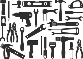 Hand tools, construction equipment, repair gear, DIY toolkit, black silhouettes, wrench, screwdriver, hammer, pliers, drill, saw, maintenance, utility knife, clamp, chisel, tape measure,