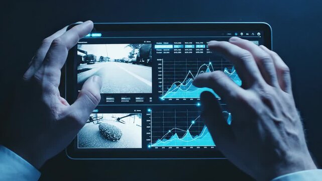 Hands interact with a sleek tablet displaying dynamic graphs and real-time data. The environment is modern and futuristic. Engaging visuals highlight complex information in a seamless manner.