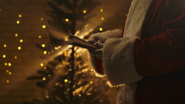 Santa Claus looks through envelopes with letters near a sparkling Christmas tree and warm lights in the background. - Powered by Adobe