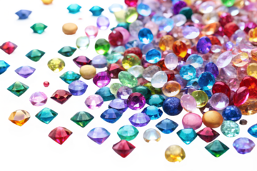 A vibrant collection of colorful faceted gemstones scattered and isolated on a pure transparent background, sparkling with light