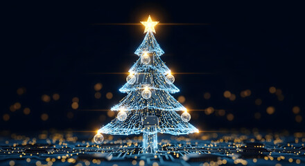 Christmas tree made of glowing digital lines and circuits