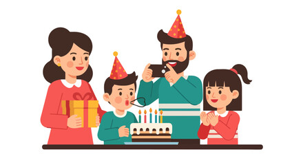 Family Celebrates Birthday Party With Cake, Presents, And Joyful Festivities