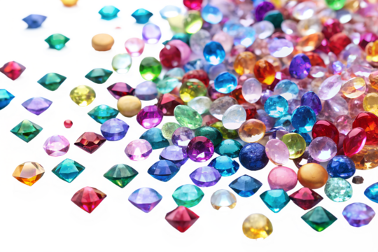 A vibrant collection of colorful faceted gemstones scattered and isolated on a pure transparent background, sparkling with light
