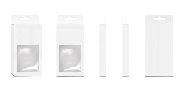 Thin tall white paper box with clear plastic window and euro slot. Front, side, back view. Realistic vector editable mockup. Hanging carton. Mock-up. Transparent container package. Template for design