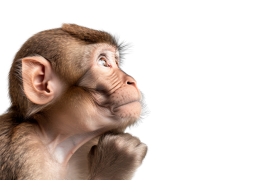 A thoughtful monkey gazing upwards, isolated on a white background.