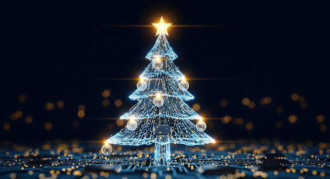 Christmas tree made of glowing digital lines and circuits