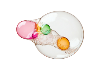 Colorful bubbles filled with liquid, floating and merging against a white isolated background.