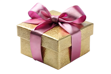 A sparkling gold gift box with a pink ribbon and bow, isolated on transparent background