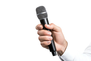 Hand holding a microphone, ready for public speaking or performance, white isolated background.
