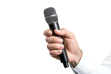 Hand holding a microphone, ready for public speaking or performance, white isolated background.