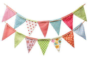 Colorful fabric bunting flags with various patterns and colors, isolated on transparent background