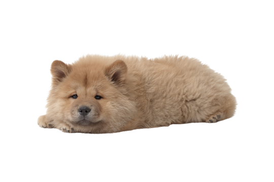 Fluffy Chow Chow dog resting comfortably on a white isolated background.