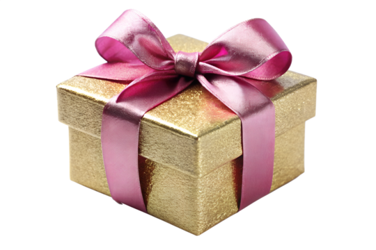 A sparkling gold gift box with a pink ribbon and bow, isolated on transparent background - Powered by Adobe