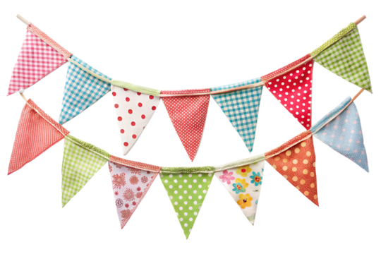 Colorful fabric bunting flags with various patterns and colors, isolated on transparent background