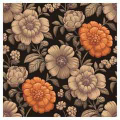 This elegant seamless floral pattern features beautifully hand-drawn orange and beige blossoms surrounded by earthy green-brown leaves on a rich dark background. The intricate vintage detailing .