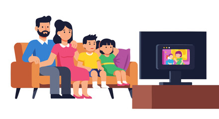 Family Watching Television Together, Relaxing In Their Living Room, At Home Comfort