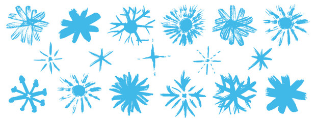 Collection of pastel blue snowflakes. Drawn in squiggle marker, chalk, charcoal, and crayon for frozen, waxy Christmas crystal look. Cute child-inspired holiday vector of abstract stars or flowers set