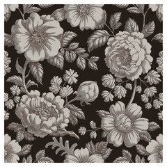 This elegant seamless vintage floral pattern showcases beautifully detailed monochrome blossoms and leaves in soft beige and taupe tones on a rich dark brown background. The intricate petal work .