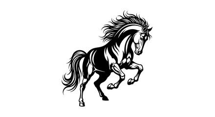 Monochromatic graphic of a powerful steed, rendered in a vintage engraving or woodcut art style