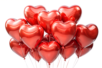 A large bunch of red heartshaped balloons floating together, isolated on a transparent background